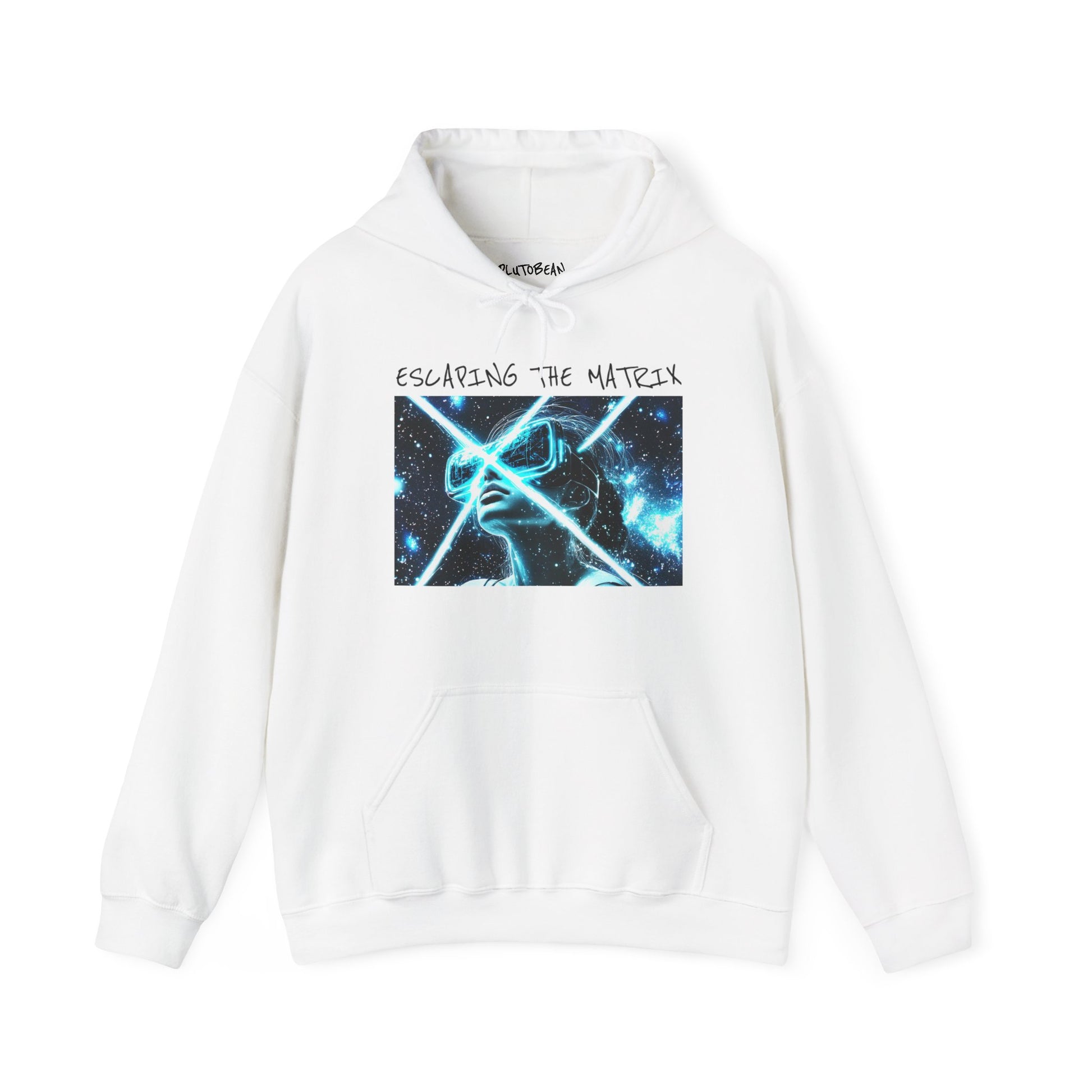 White hoodie with graphic design and text on a white background