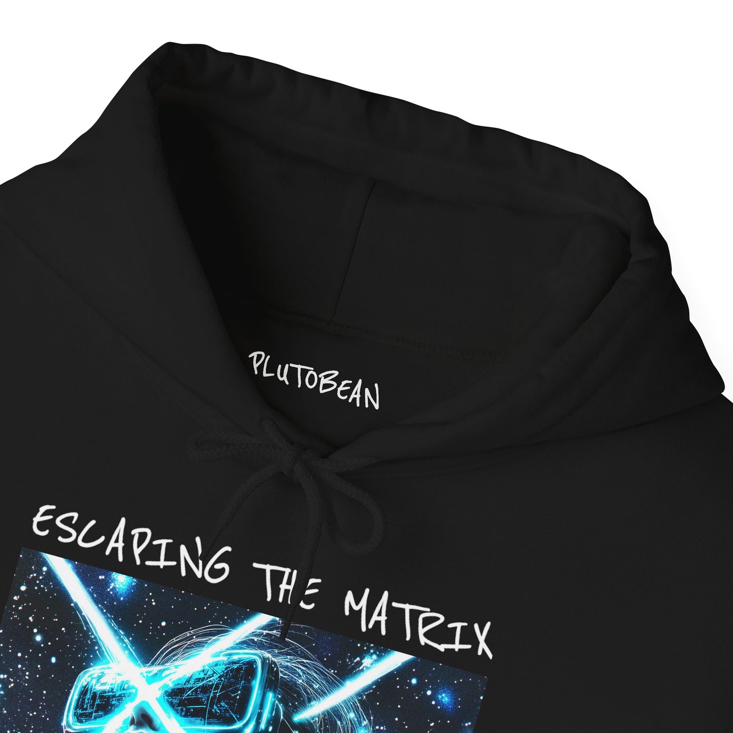 Black hoodie with 'PLUTOBEAN' branding and 'ESCAPING THE MATRIX' text and graphics.