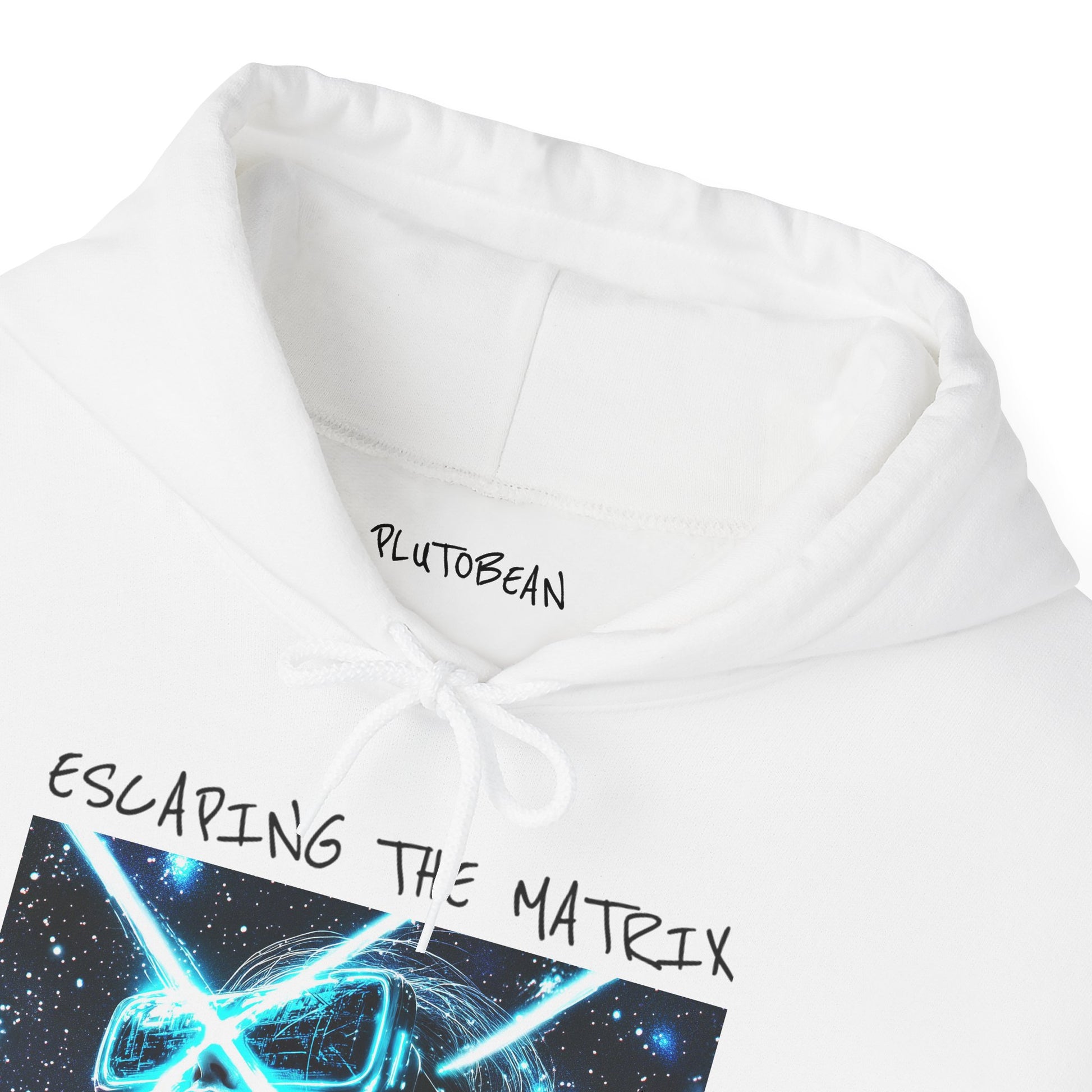 White hoodie with text and graphic design on a white background