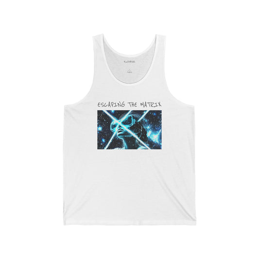 White tank top with graphic design and text on a white background