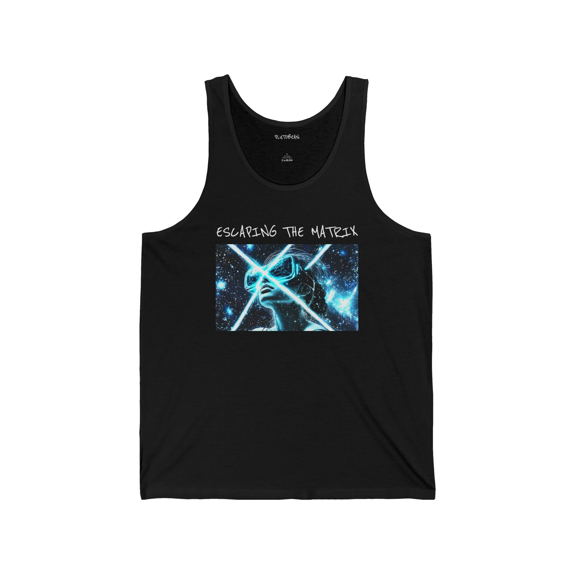 Black tank top with graphic design and text on a white background