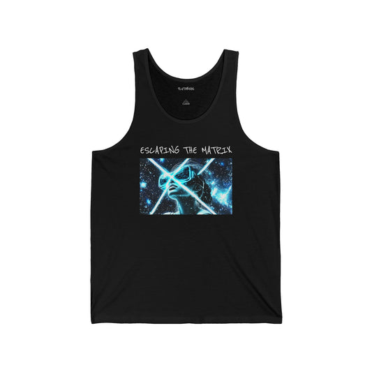 Black tank top with graphic design and text on a white background