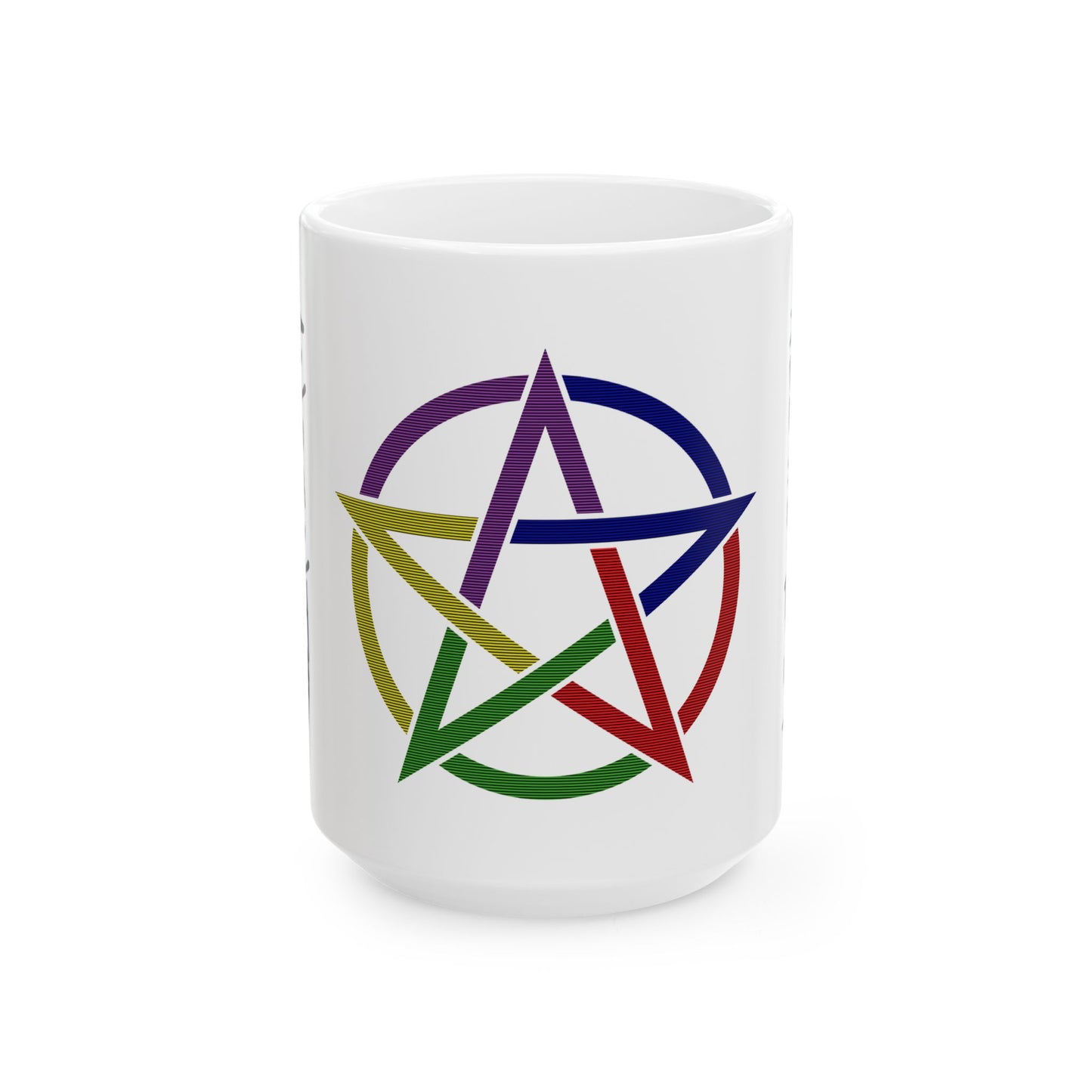 White mug with a colorful pentagram design on a white background
