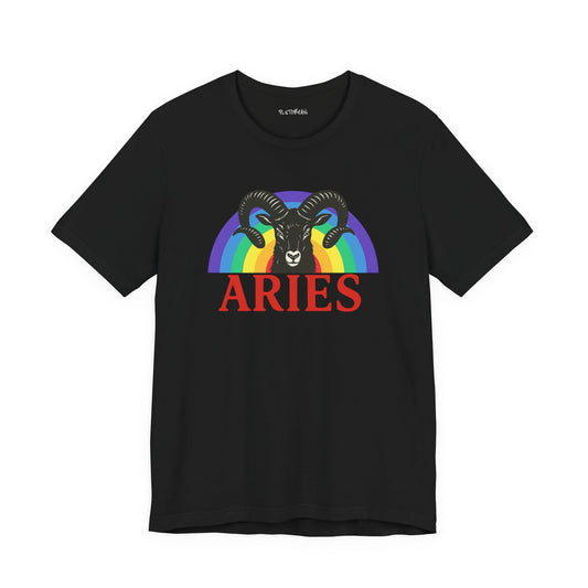 Black t-shirt with Aries zodiac sign graphic on a white background