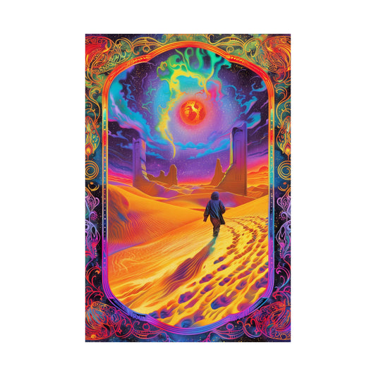 Colorful artwork of a person walking towards a vibrant, otherworldly landscape with a large sun.