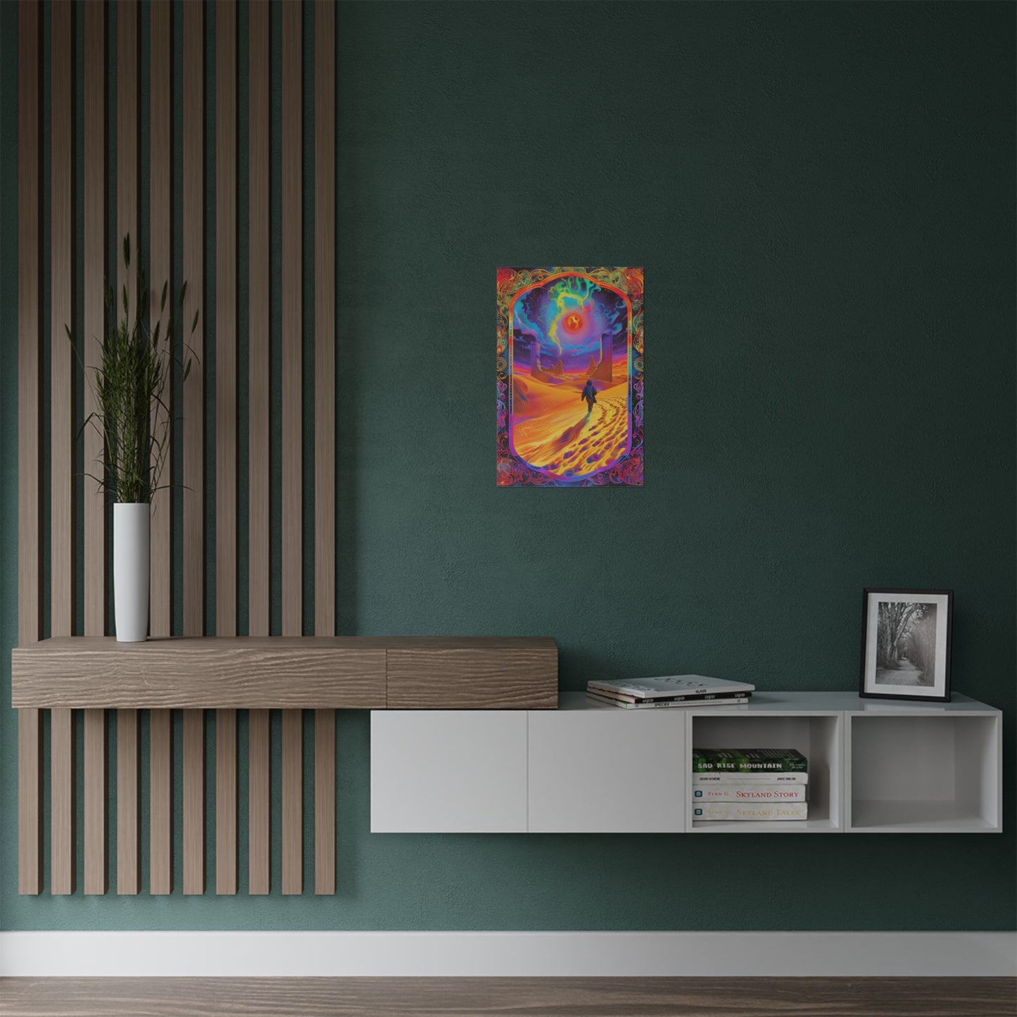 Colorful abstract painting on a green wall above a wooden and white shelf.