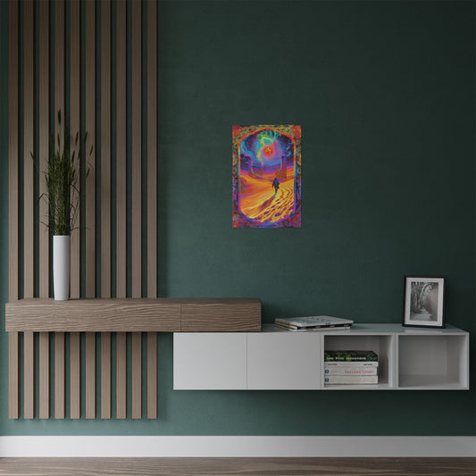 Colorful abstract painting on a green wall above a wooden and white shelf.