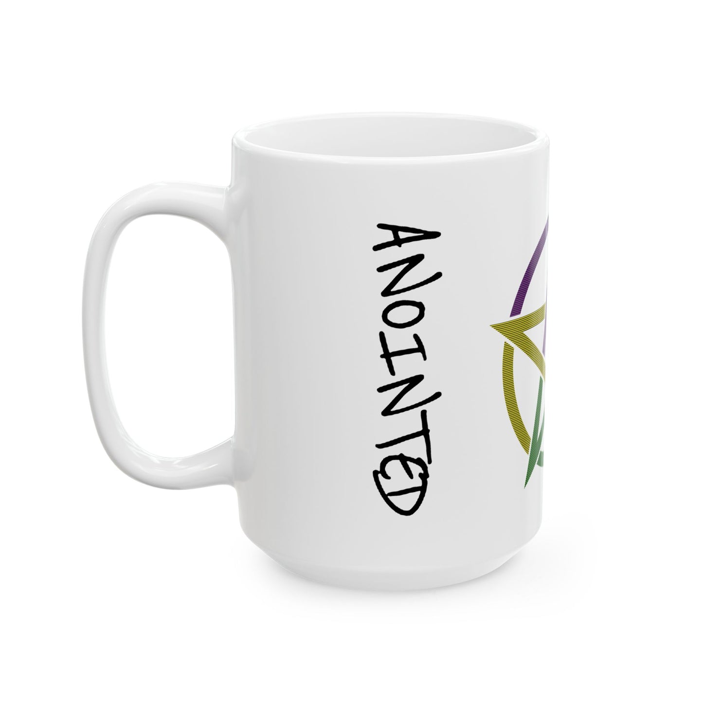 White mug with 'ANOINTED' text and star design on a white background