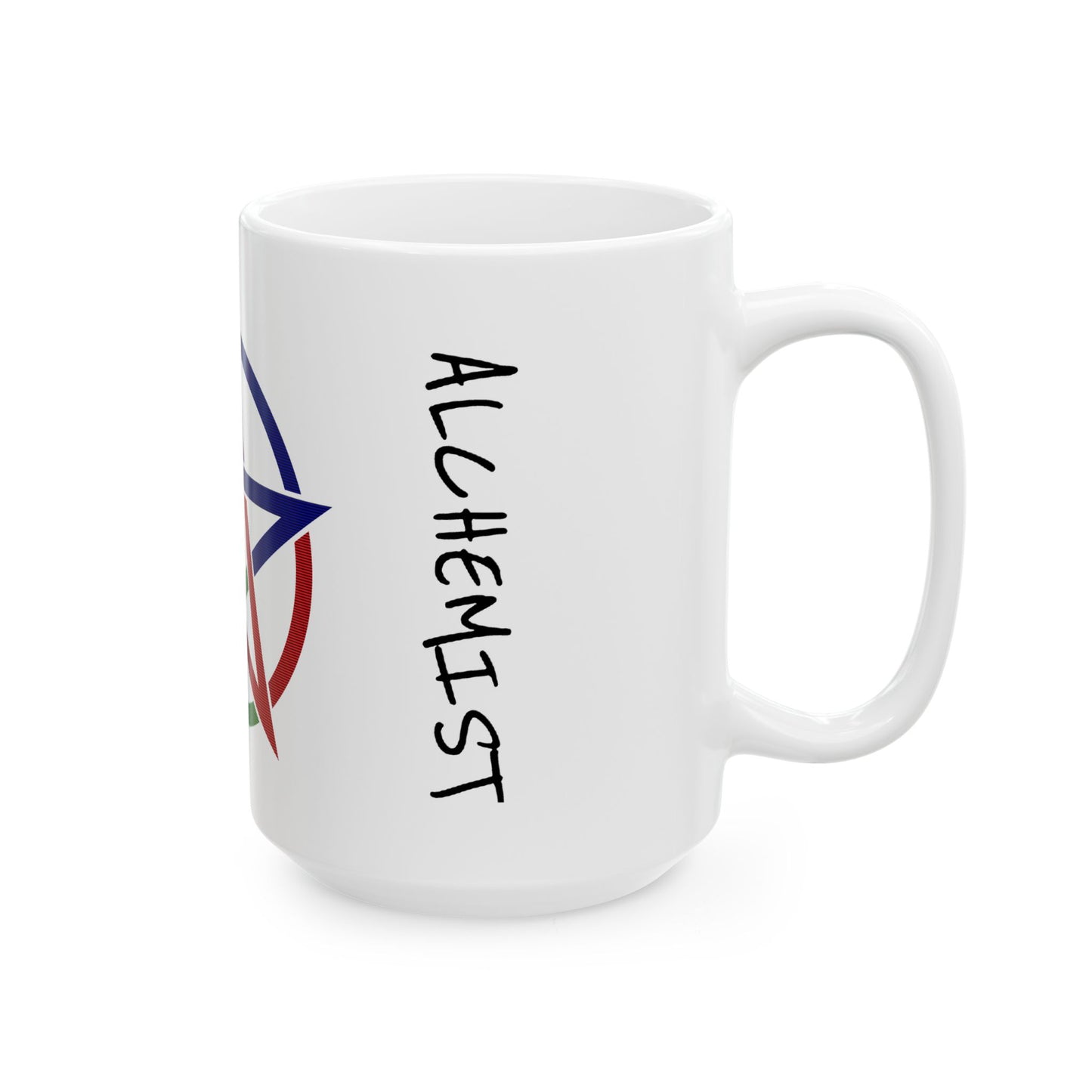 White mug with 'ALCHEMIST' text and a star design on a white background
