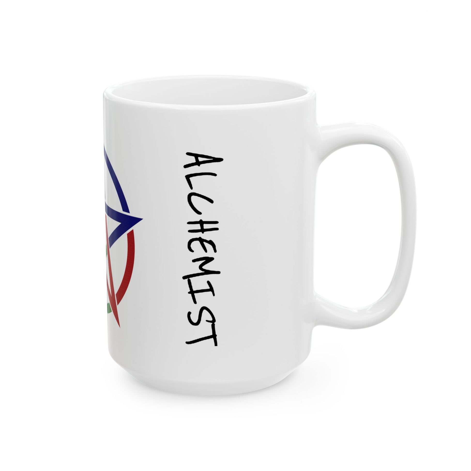 White mug with 'ALCHEMIST' text and a star design on a white background