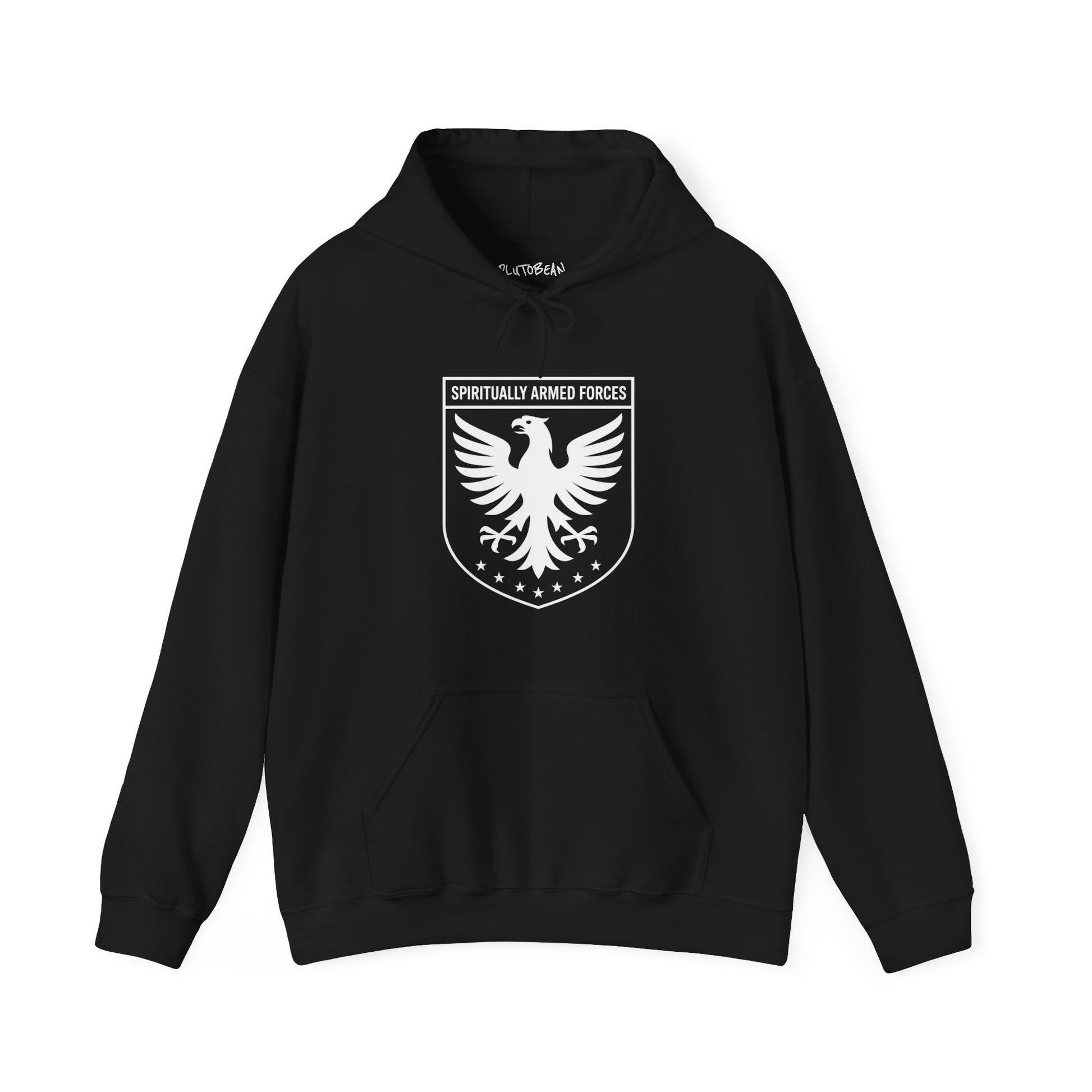 Black hoodie with a white eagle emblem on a white background