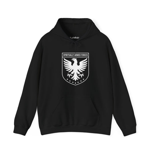 Black hoodie with a white eagle emblem on a white background