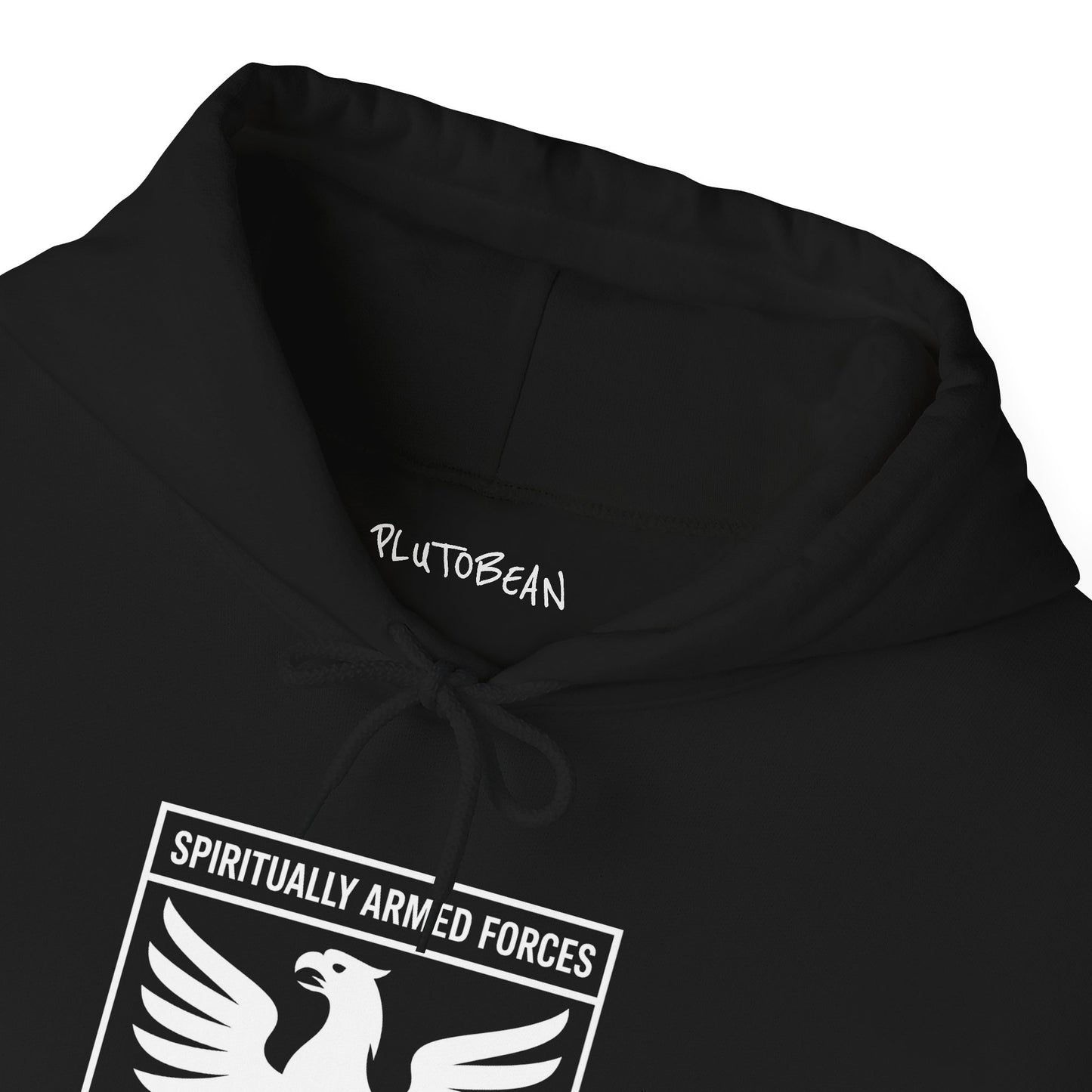 Black hoodie with 'PlutoBean' branding and 'Spiritually Armed Forces' design on a white background