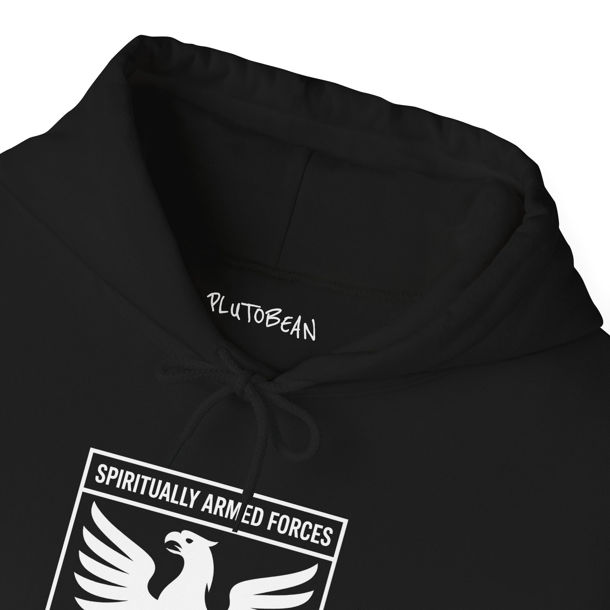 Black hoodie with 'PlutoBean' branding and 'Spiritually Armed Forces' design on a white background