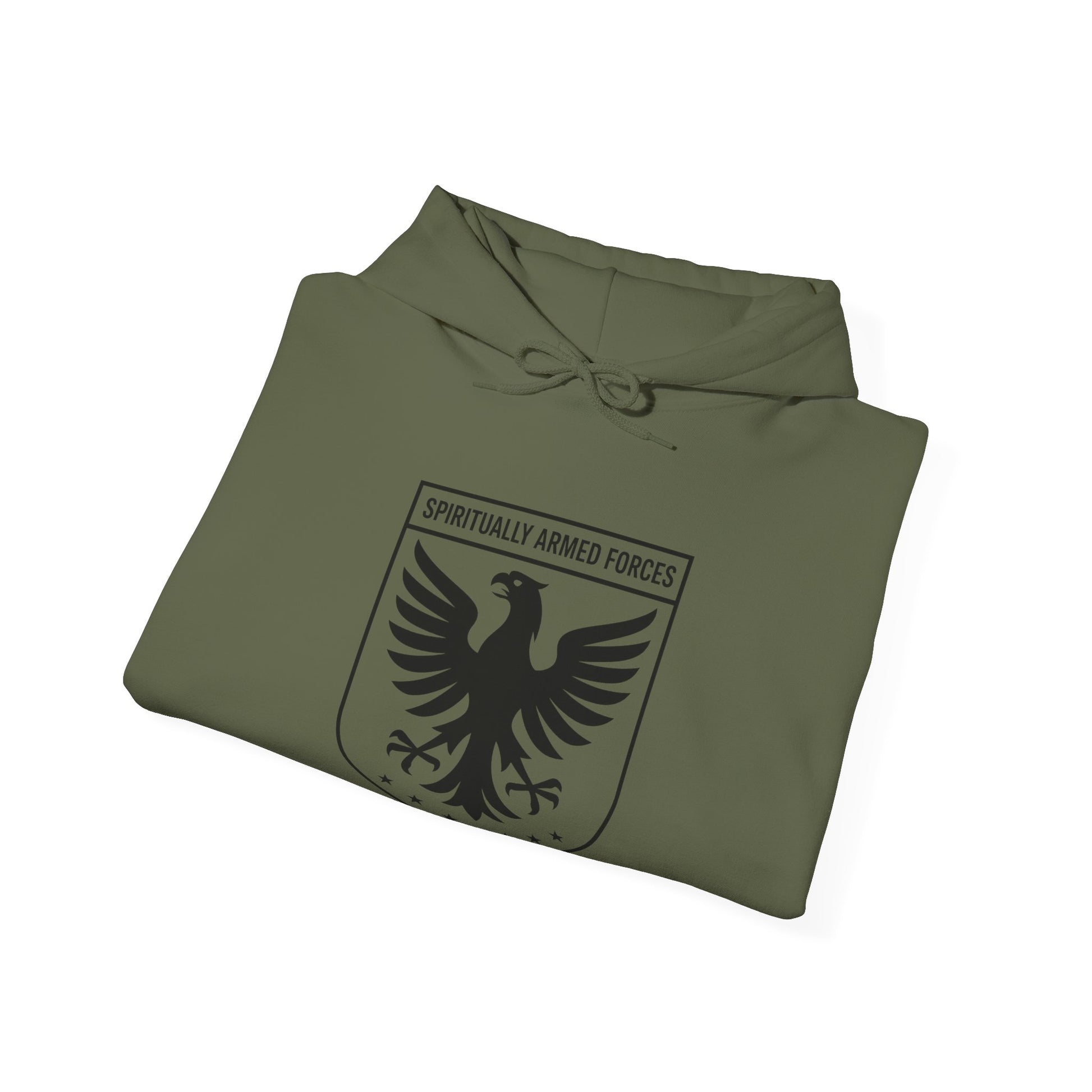 Folded green hoodie with an eagle emblem and text on a white background