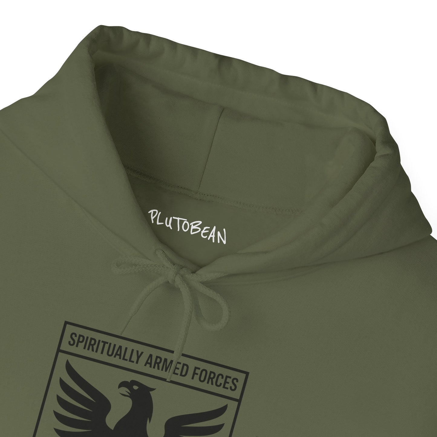 Green hoodie with 'PlutoBean' branding and 'Spiritually Armed Forces' logo on a white background