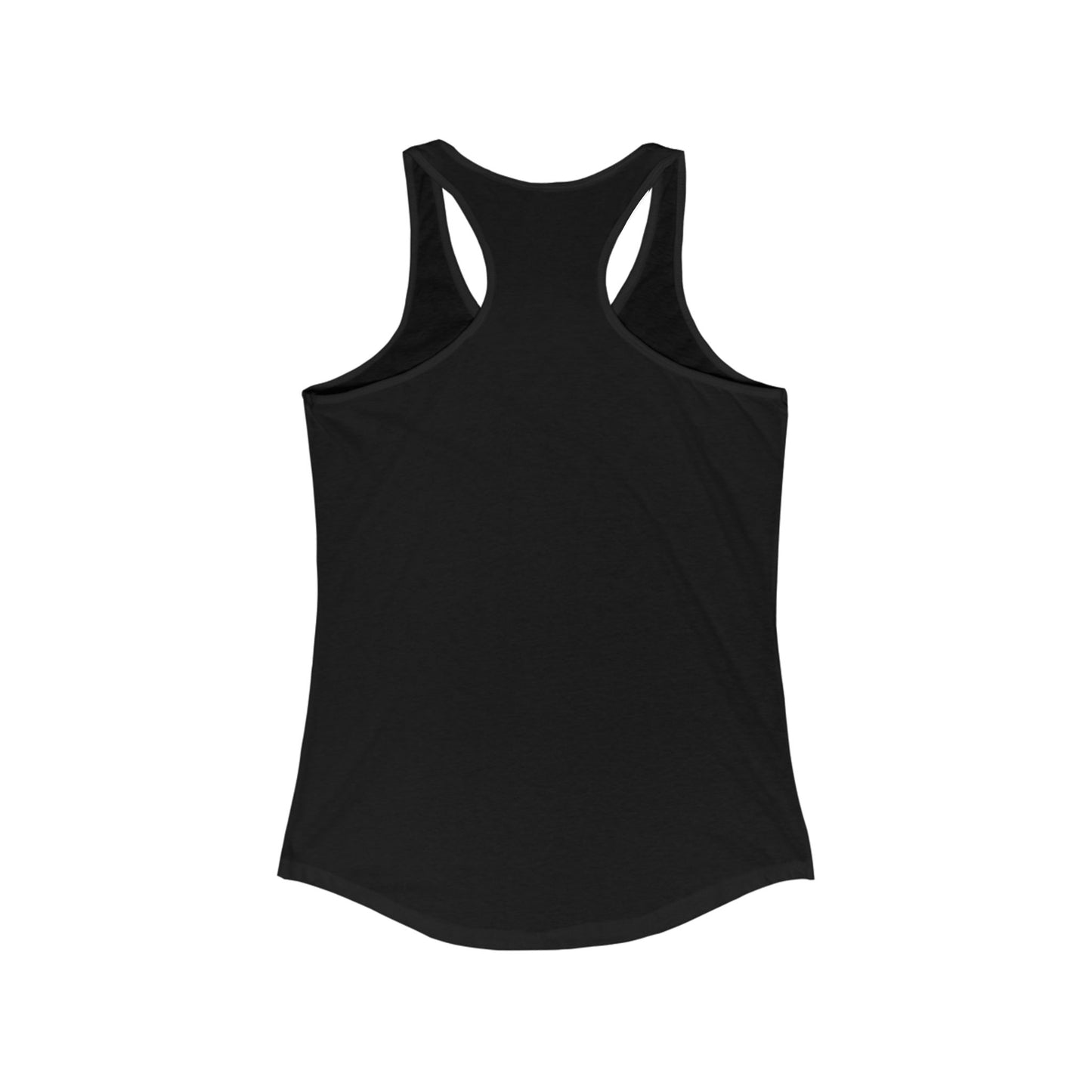 Back view of black racerback tank top with no visible text or design.