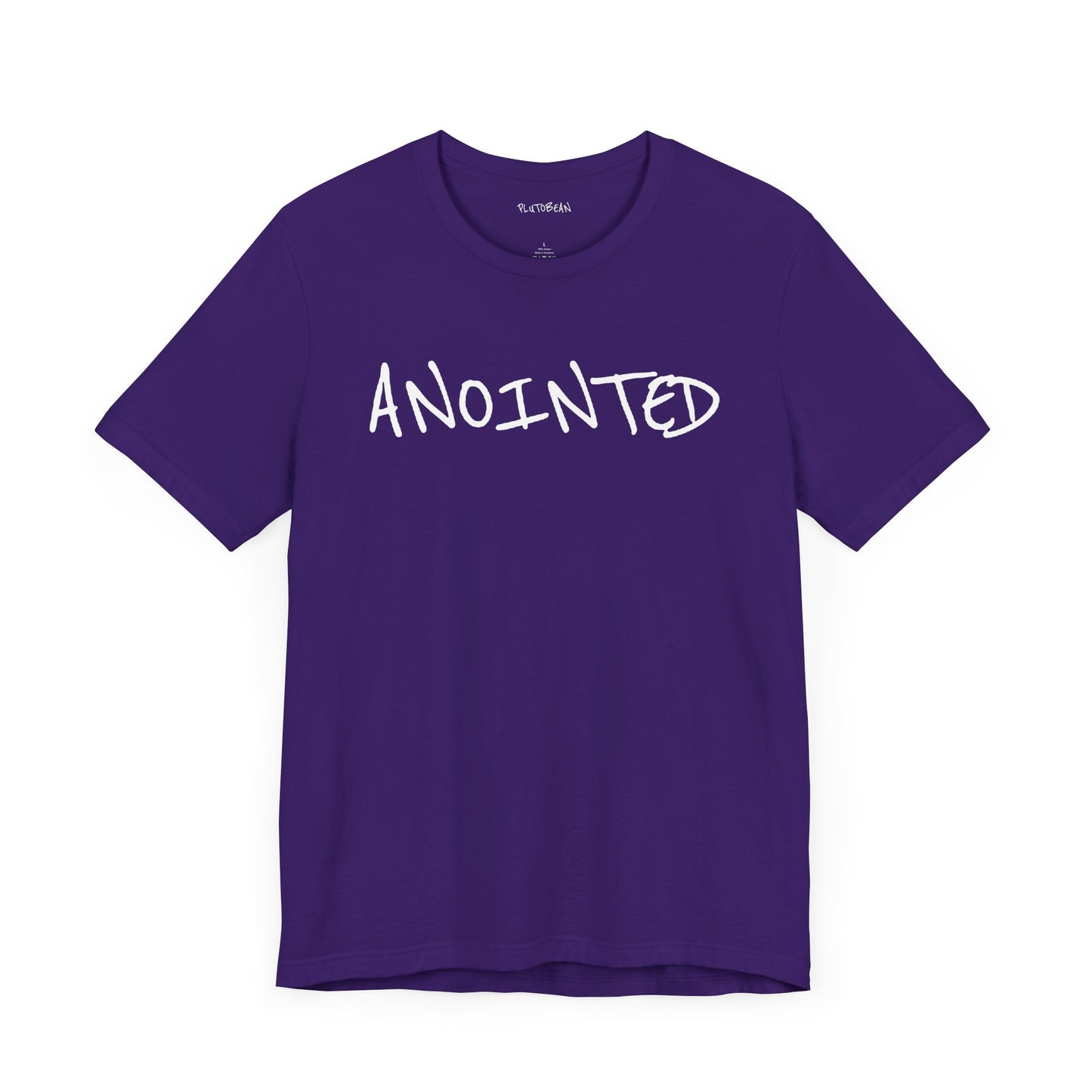 Purple t-shirt with handwritten white “ANOINTED” text across the chest