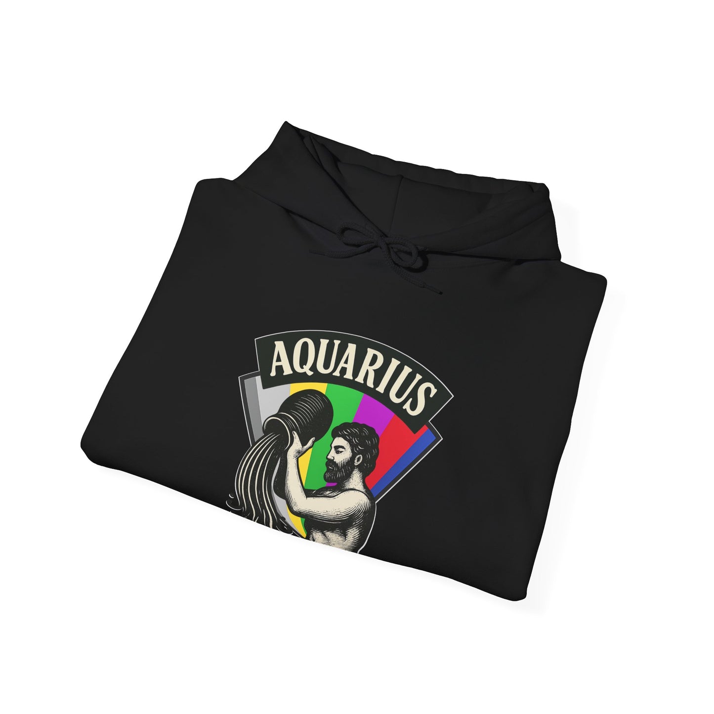Black hoodie with Aquarius design on a white background