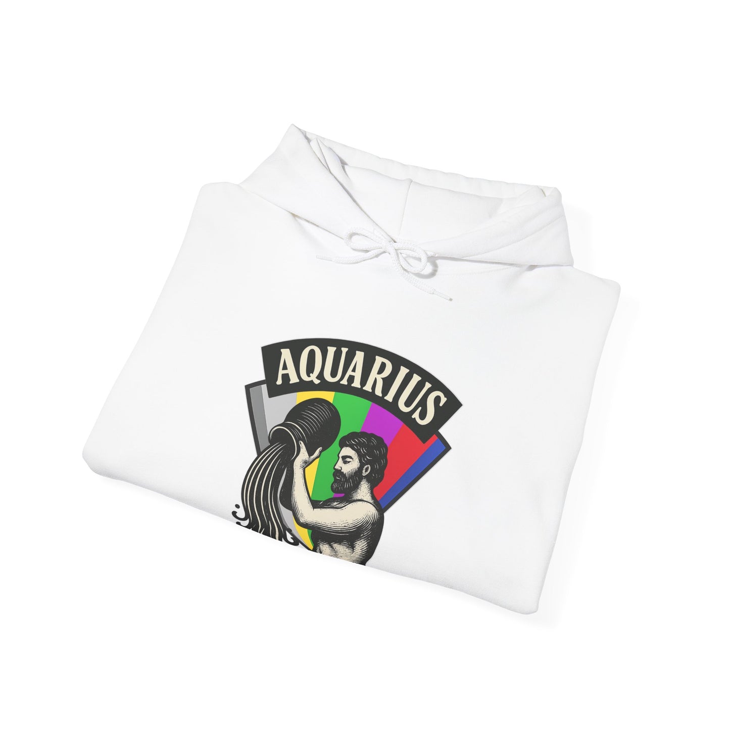 White sweatshirt with Aquarius zodiac design on a white background