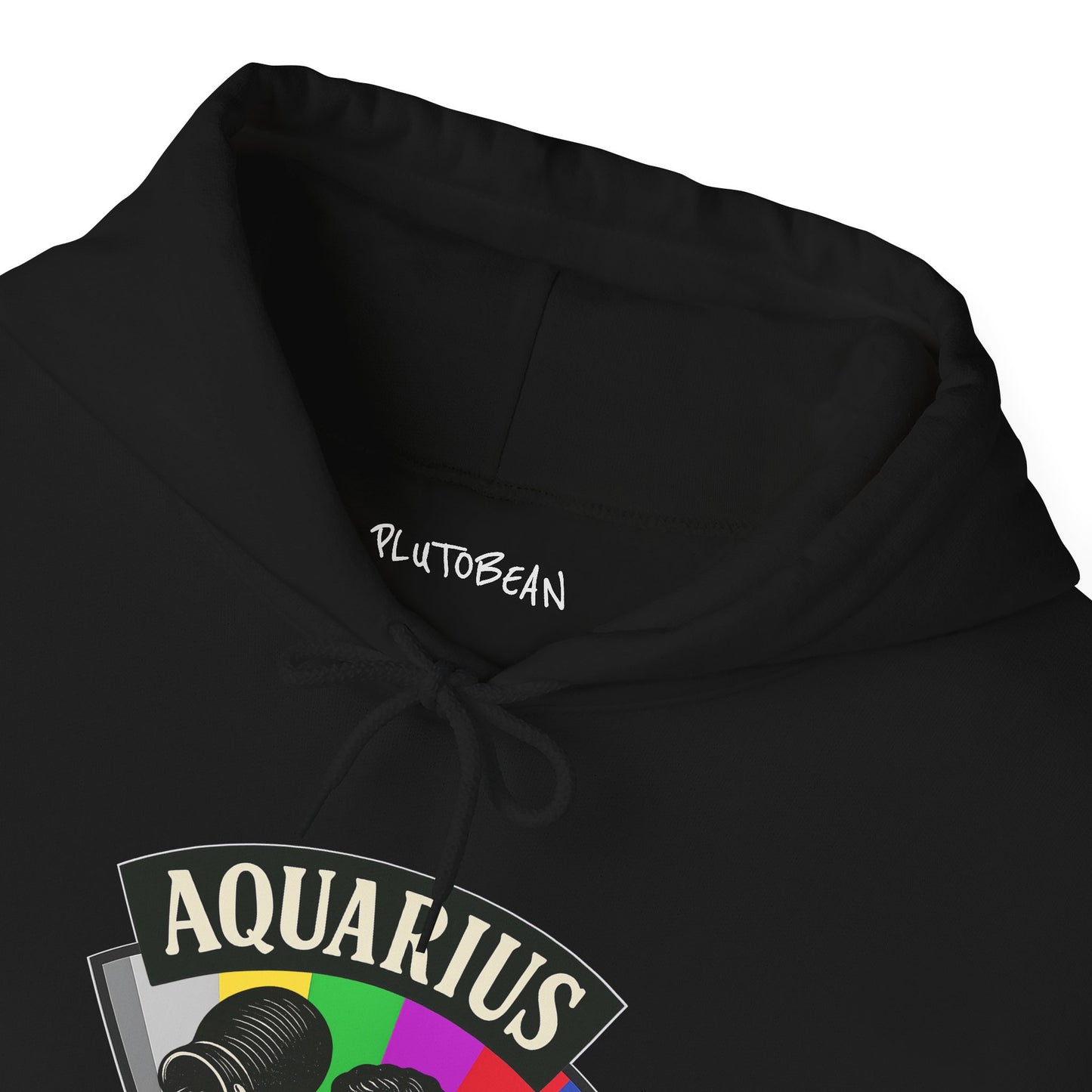 Black hoodie with Aquarius design and Plutobean branding on a white background