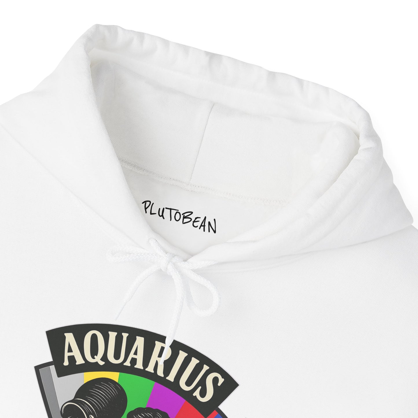 White hoodie with Aquarius design and Plutobean branding on a white background