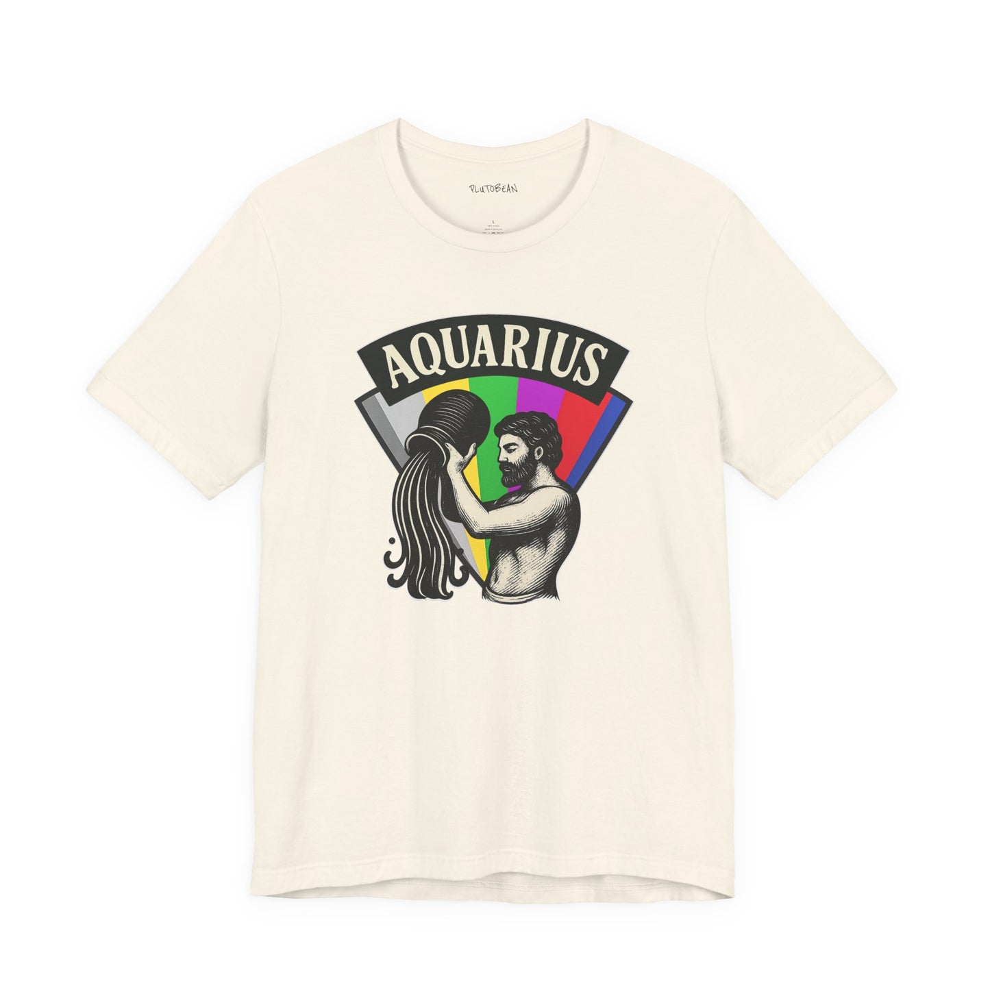 Beige t-shirt with Aquarius graphic design featuring a person holding a rainbow flag on a white background.