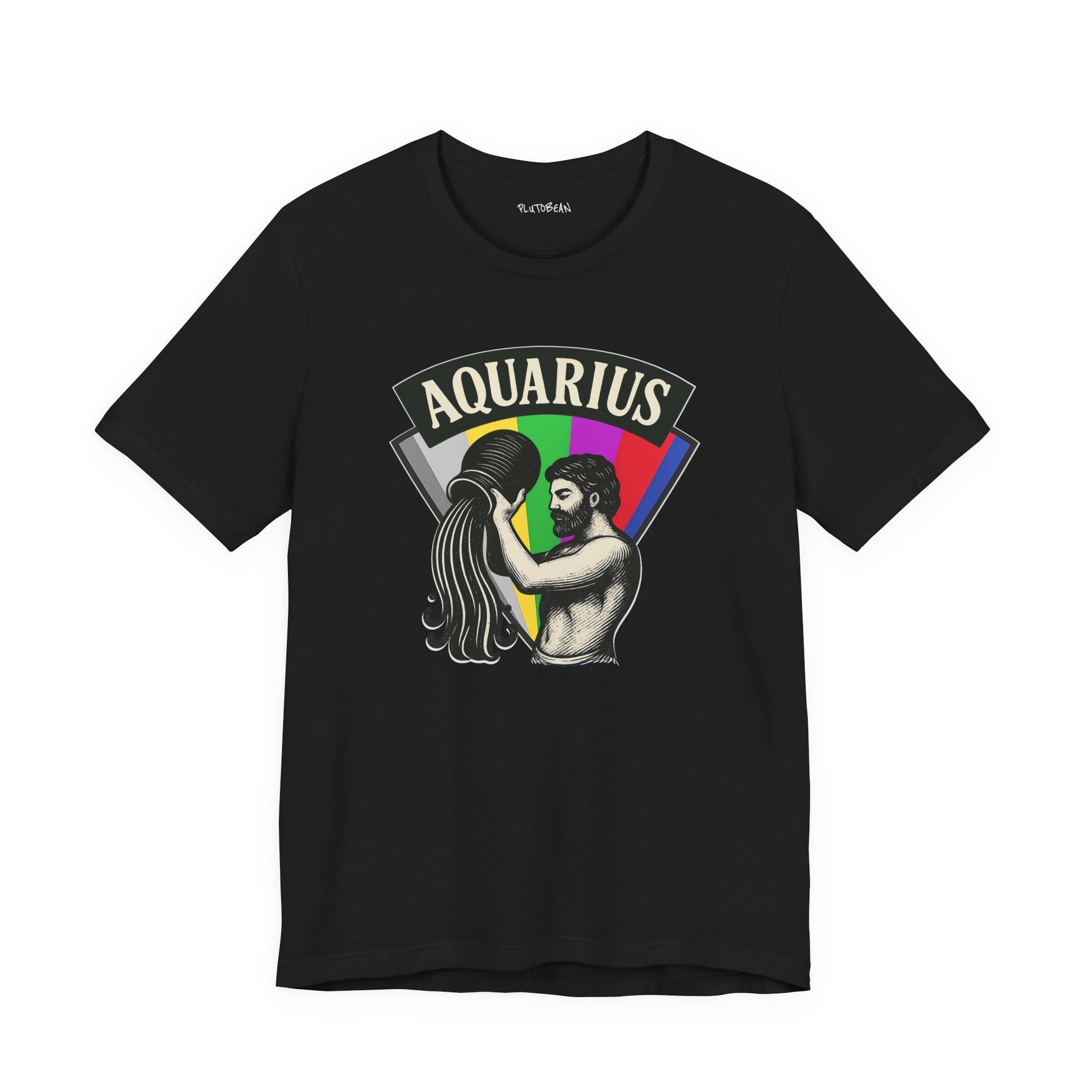 Black t-shirt with Aquarius zodiac design on a white background