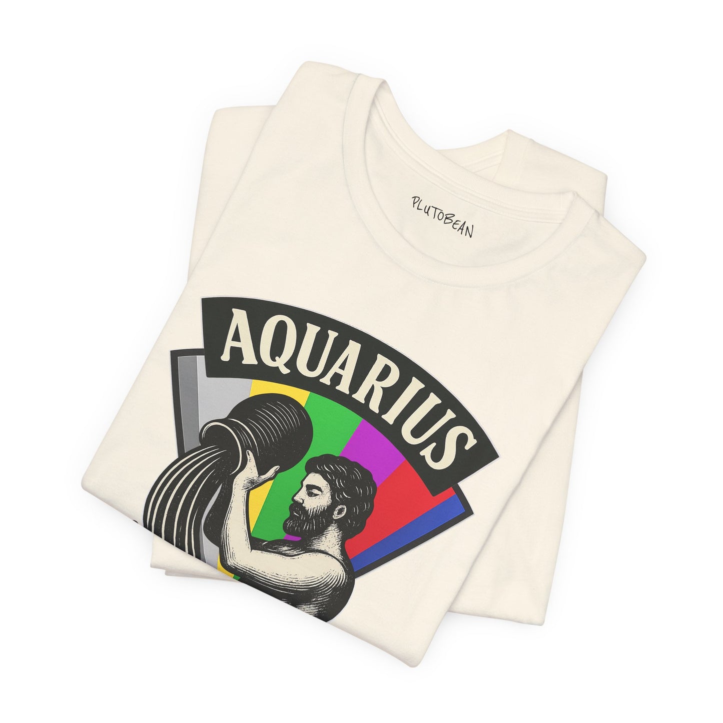Folded t-shirt with Aquarius design on a white background