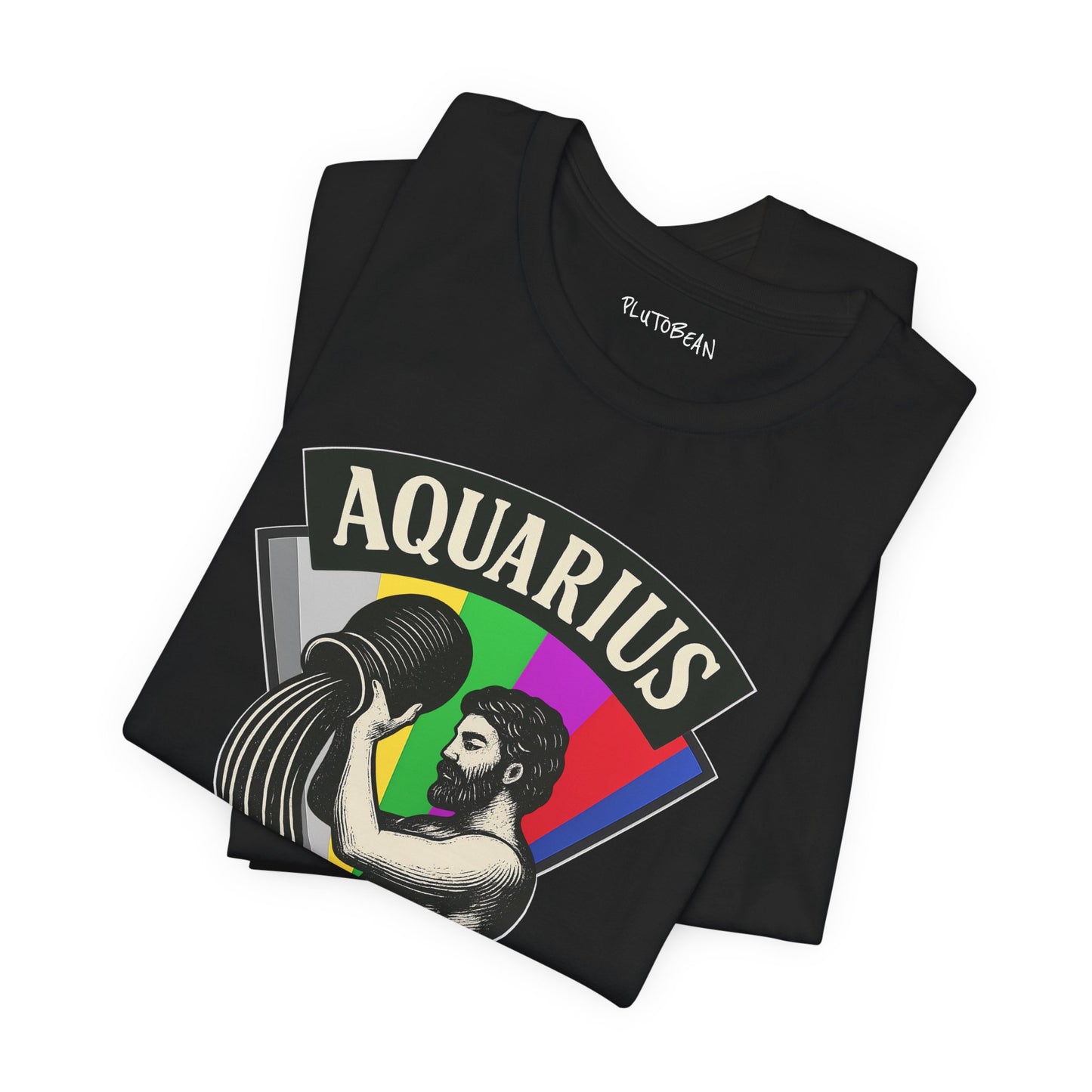 Black t-shirt with Aquarius design on a white background