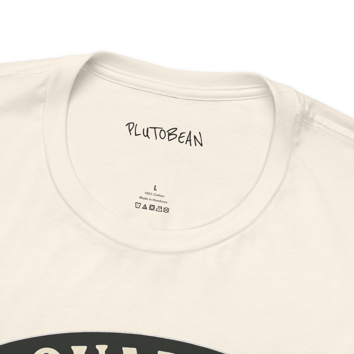 Close-up of a beige t-shirt with 'PLUTOBEAN' branding on the collar.