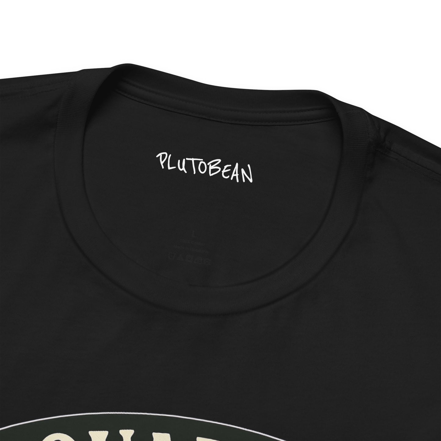 Black t-shirt with 'PLUTOBEAN' logo on a white background