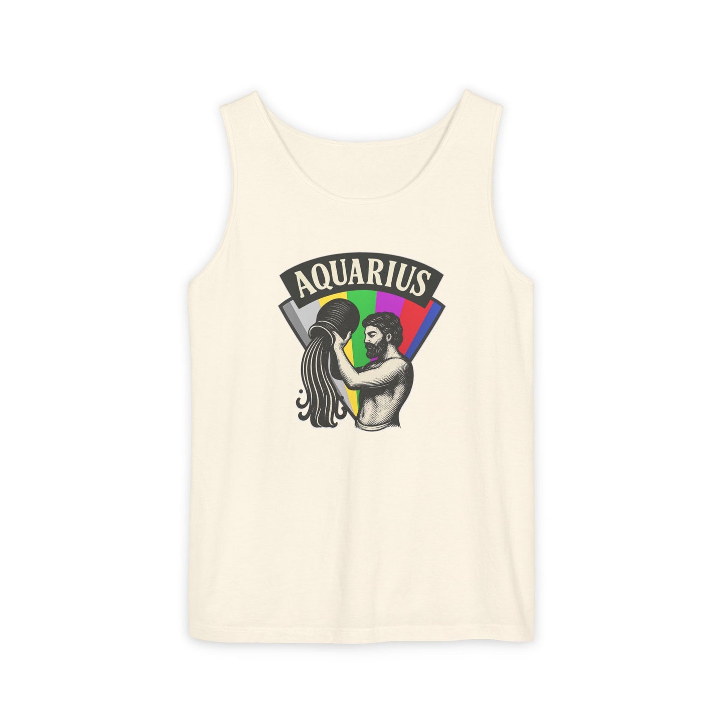 Beige tank top with Aquarius zodiac design on a white background
