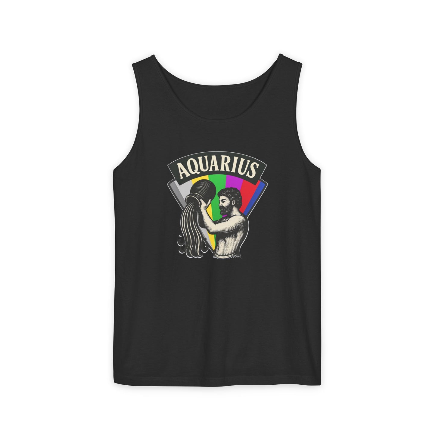 Black tank top with Aquarius design featuring a person holding a colorful wheel on a white background