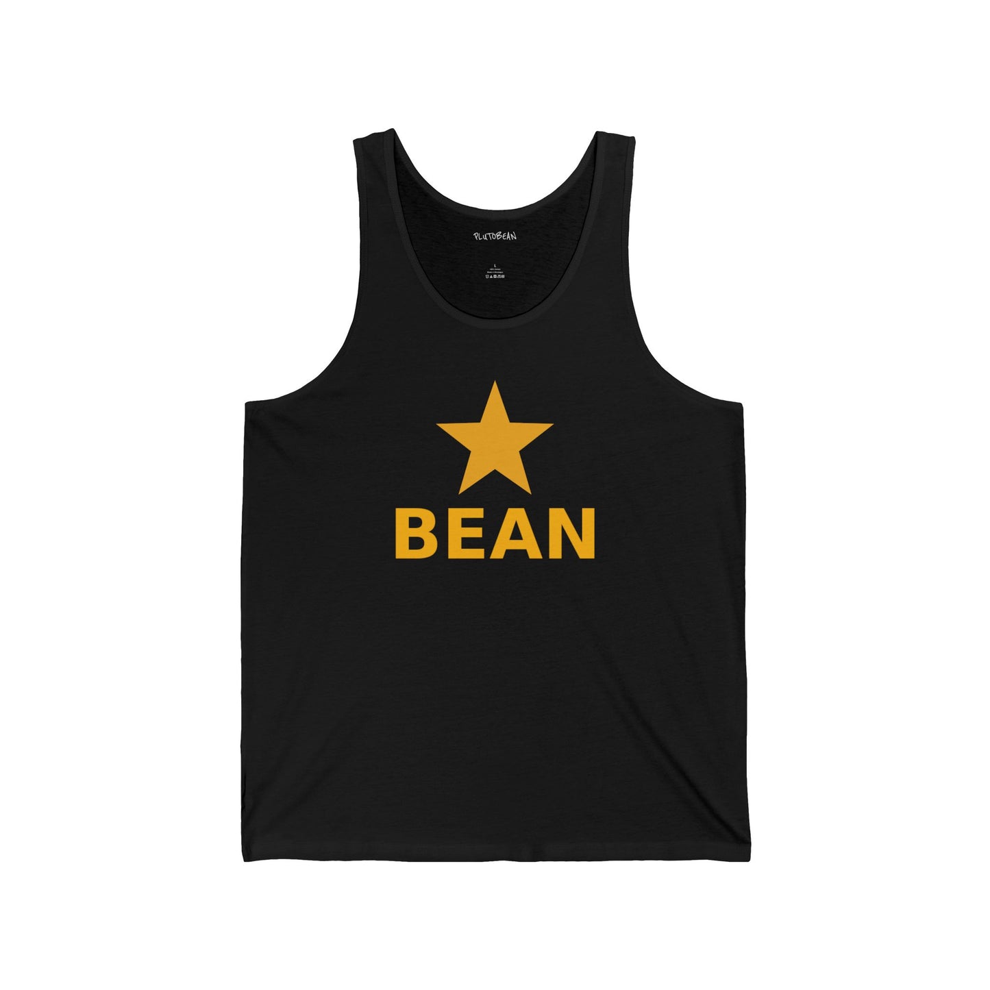 Black tank top with a yellow star and 'BEAN' text on a white background