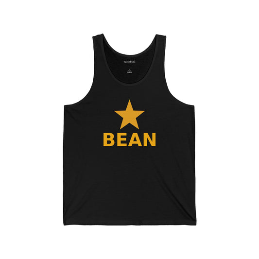 Black tank top with a yellow star and 'BEAN' text on a white background