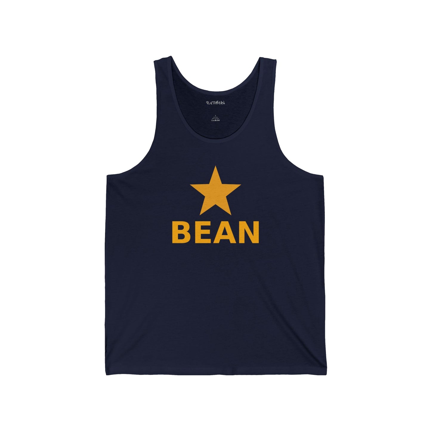 Navy tank top with a yellow star and 'BEAN' text on a white background