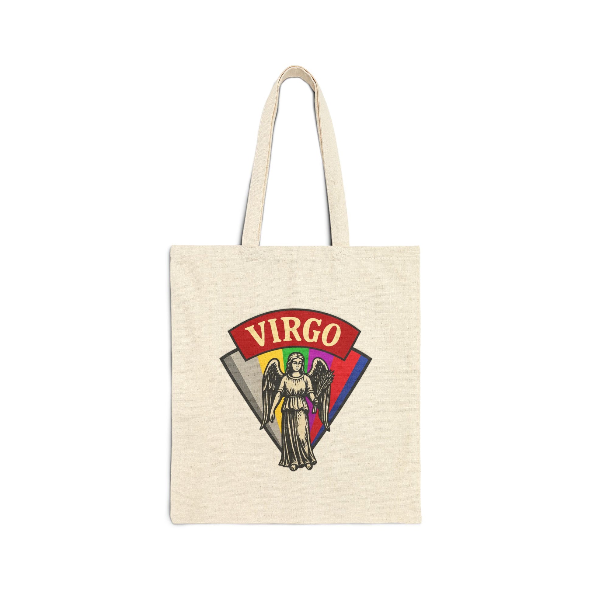 Tote bag with 'Virgo' design featuring a figure and rainbow colors on a white background