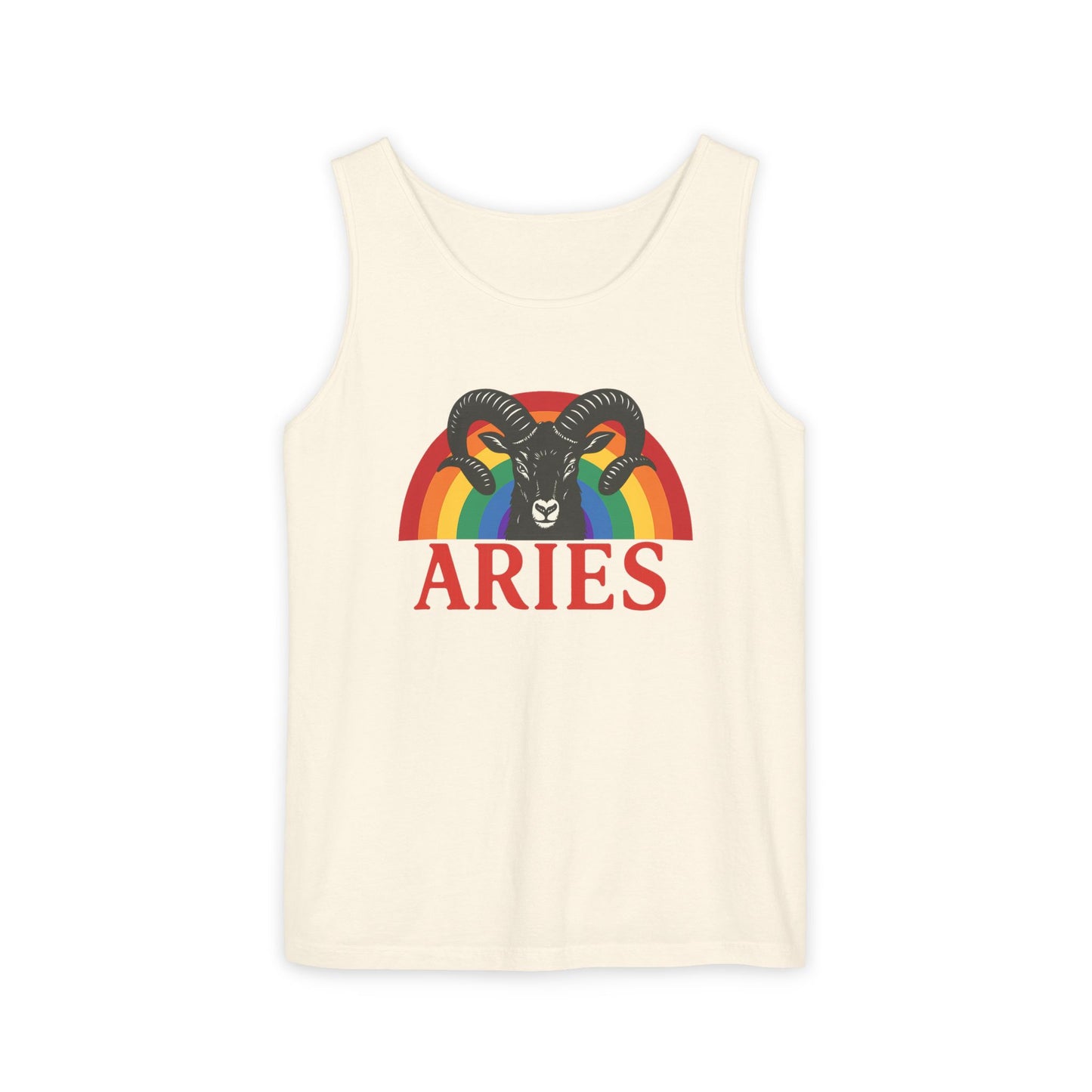 Beige tank top with Aries zodiac sign design featuring a rainbow-colored ram on a white background