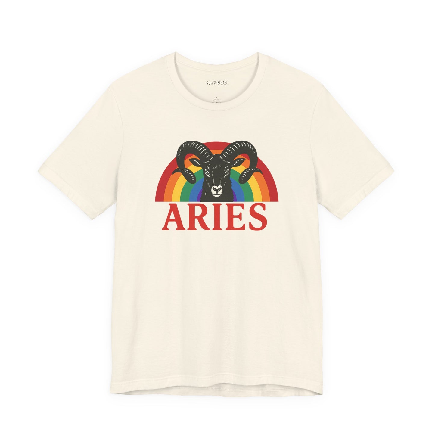 Beige t-shirt with Aries zodiac sign graphic featuring a rainbow on a white background