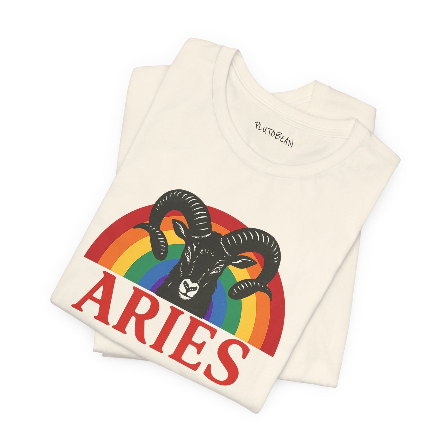 Folded t-shirt with Aries zodiac sign design on a white background