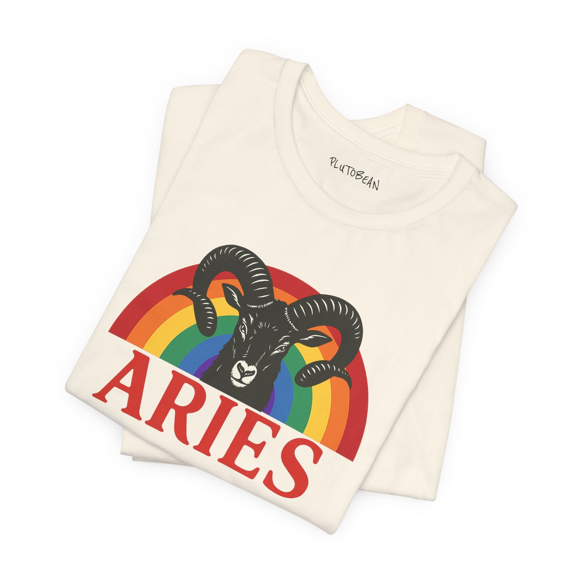 Folded t-shirt with Aries zodiac sign design on a white background