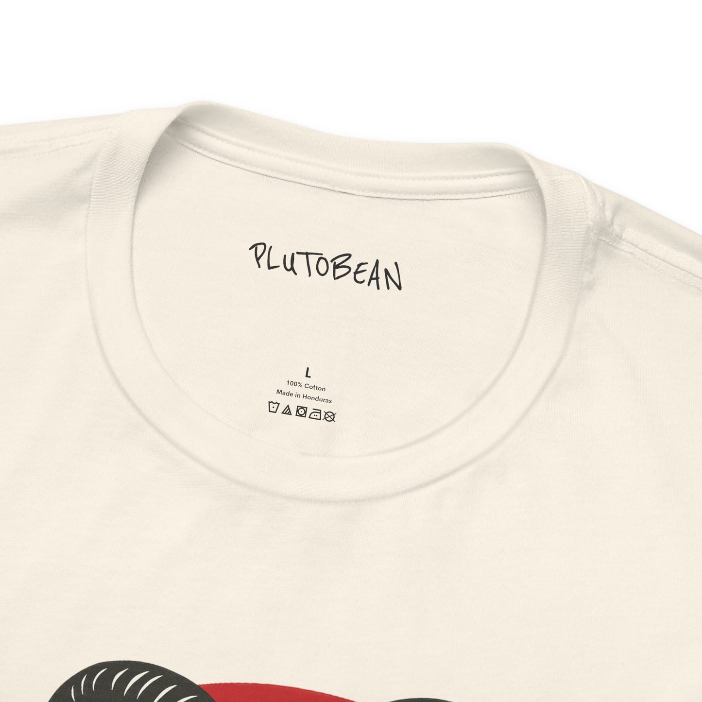 Close-up of a white t-shirt with 'PLUTOBEAN' branding on the neckline.
