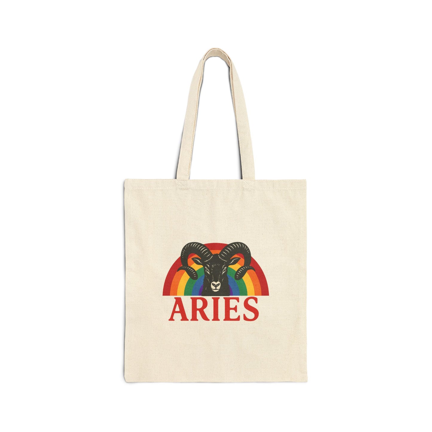 Tote bag with Aries zodiac sign design featuring a rainbow-colored ram on a white background