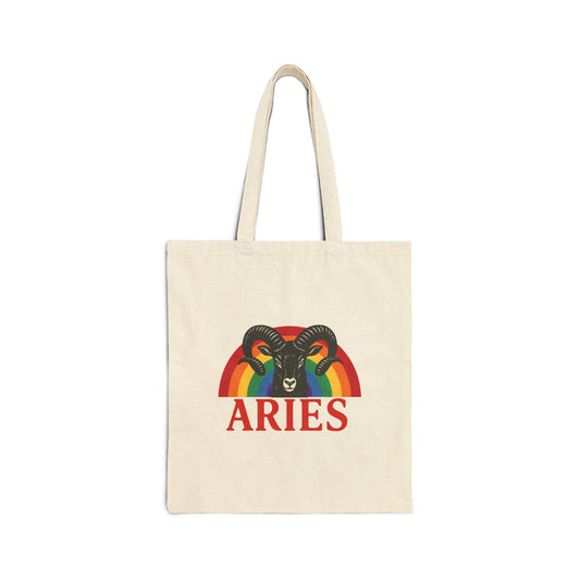 Tote bag with Aries zodiac sign design featuring a rainbow-colored ram on a white background