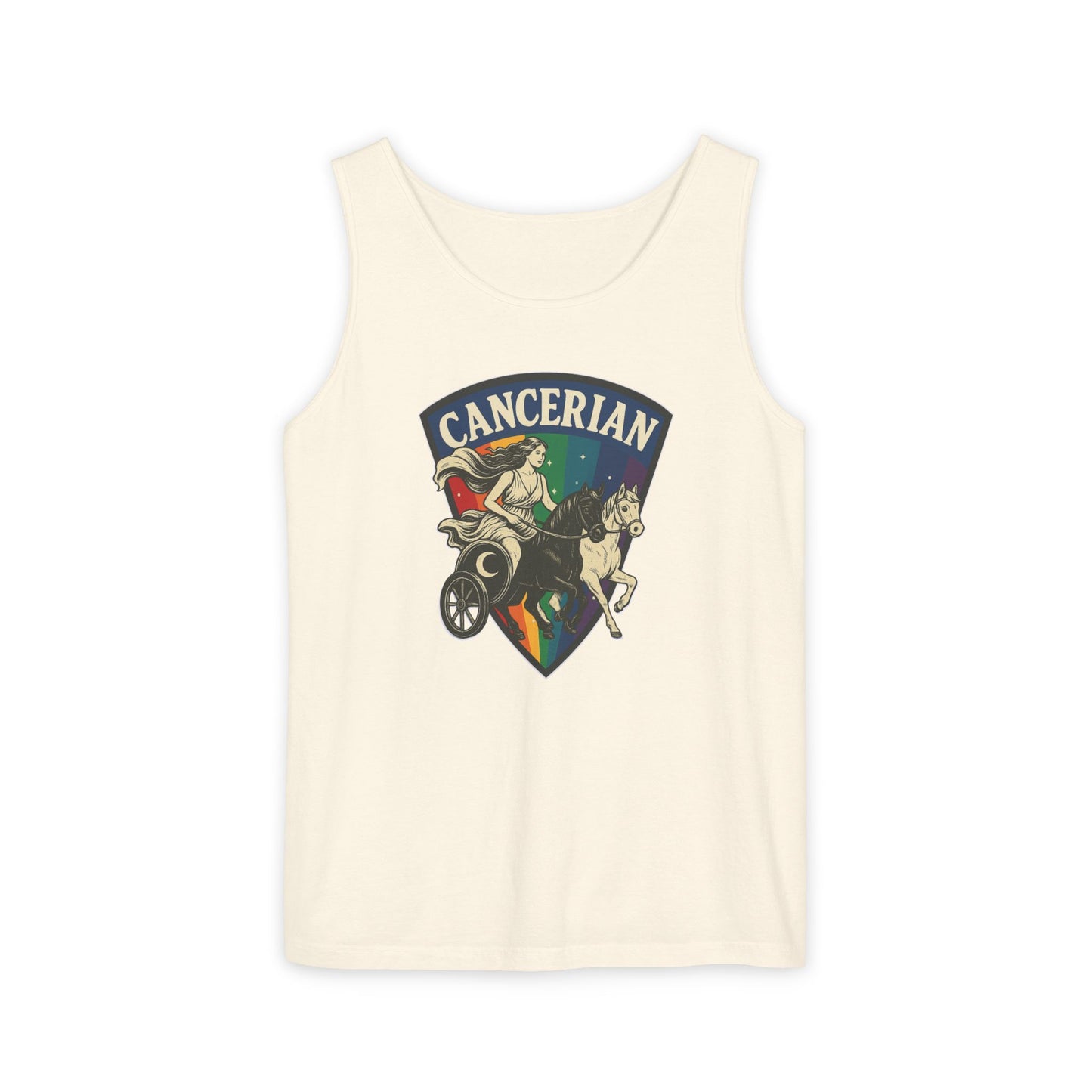 Beige tank top with 'Cancerian' design featuring a rainbow and zodiac symbol on a white background.