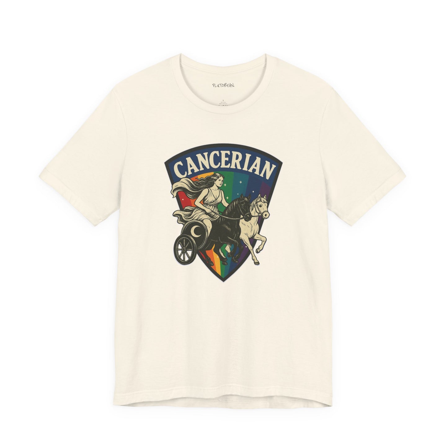 Beige t-shirt with 'Cancerian' graphic design on a white background