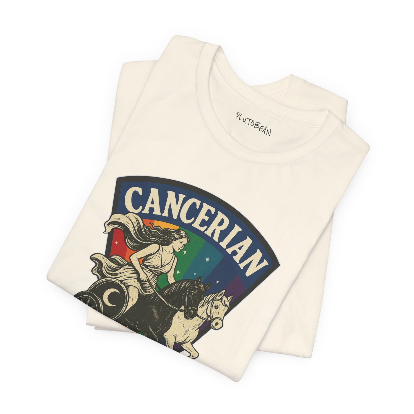 Folded t-shirt with 'Cancerian' design on a white background