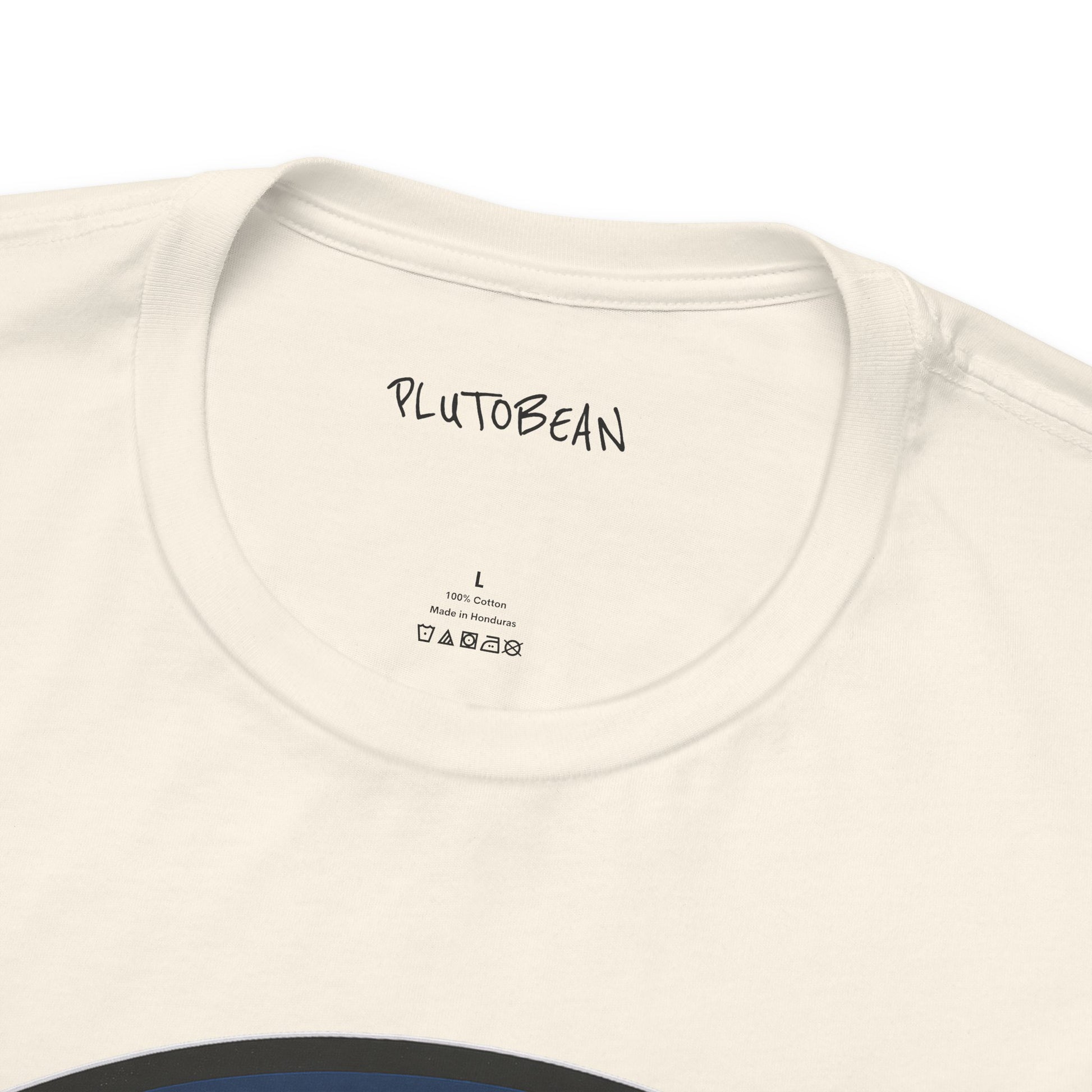 Close-up of a white t-shirt with 'PLUTOBEAN' branding on the neckline.