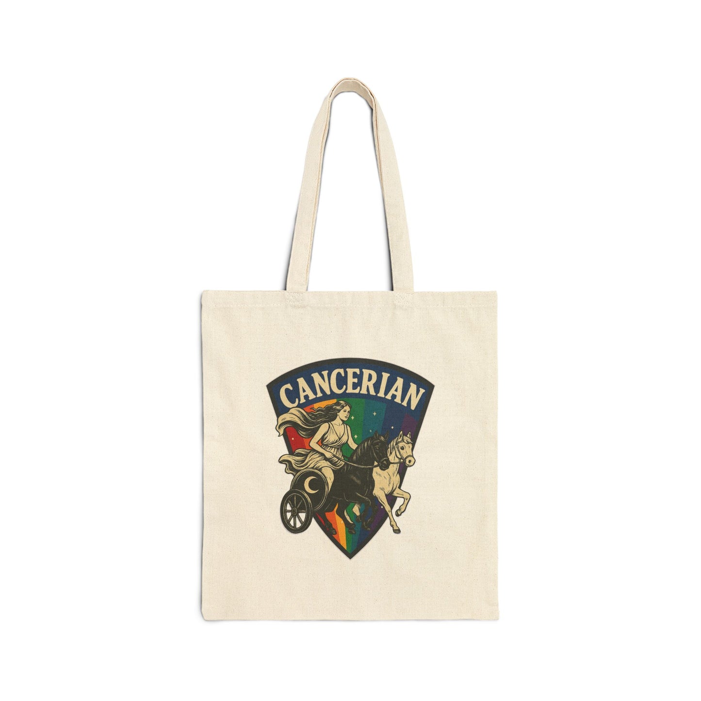 Tote bag with 'Cancerian' design featuring a woman and horse on a rainbow background.